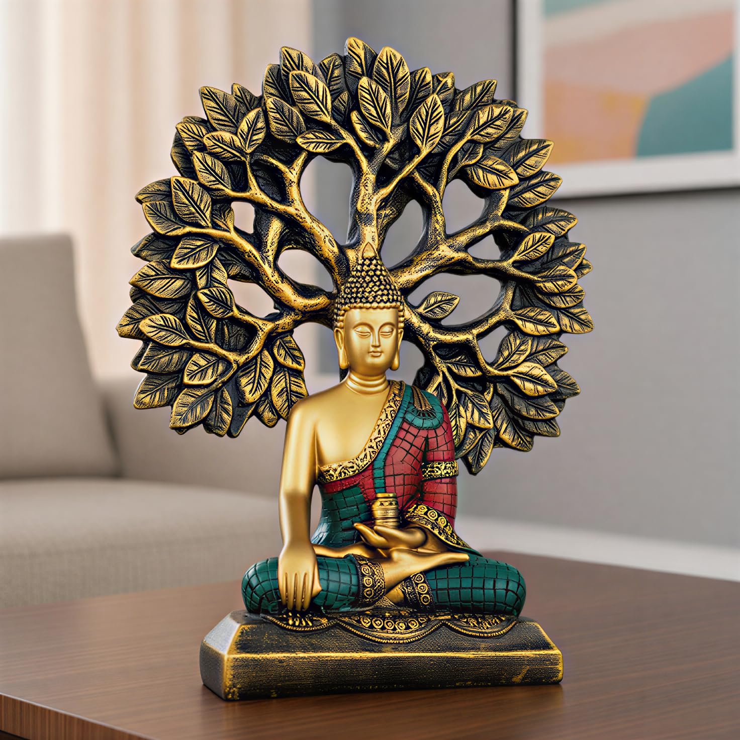Global Grabbers Buddha Statue Showpiece Idol Home Decor Items for Living Room and Gifts (Golden RED Blue) - Image 2