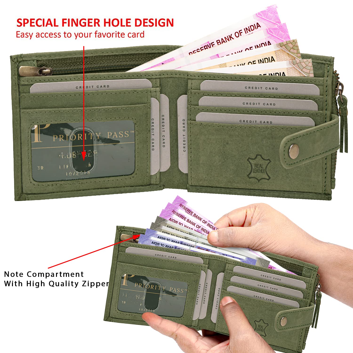 Rigohill Doger Olive Green Leather Wallet For Men, 2 Card Slot | RFID Wallet - Image 3