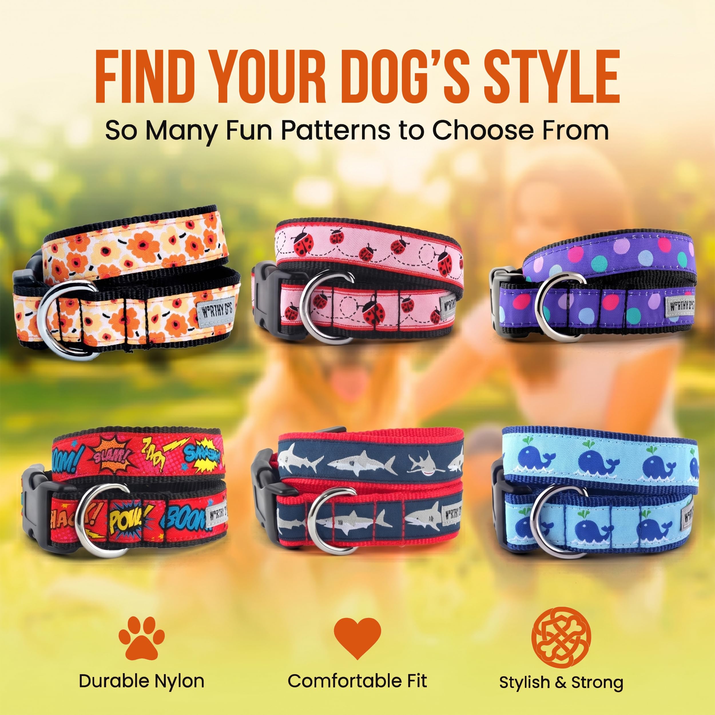 The Worthy Dog Fleurs Animal Collar, Adjustable Everyday Wear Nylon Pets Collar with Strong Quick Release Buckle Fits Medium Dogs Yellow