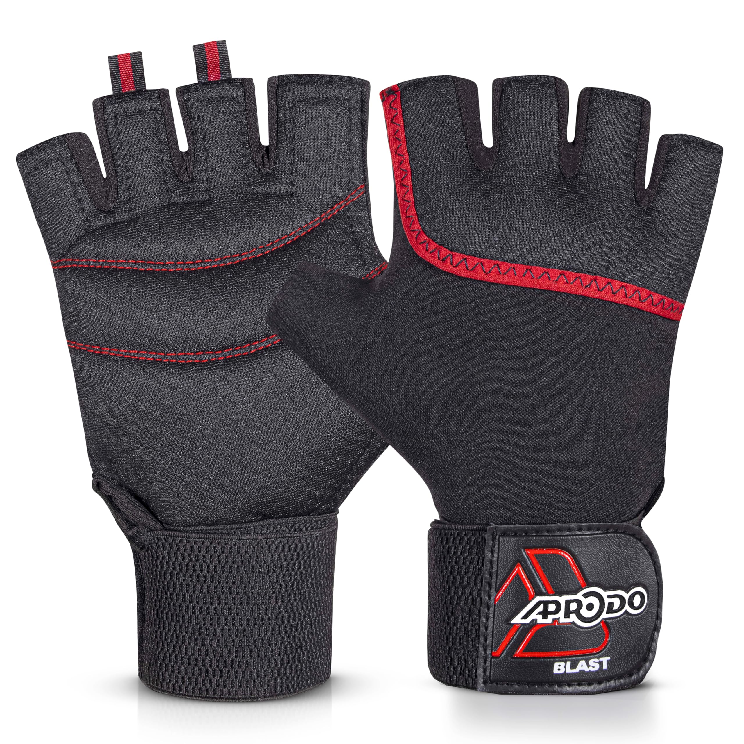 Aprodo Neoprene Half Finger Workout Gym Gloves with Wrist Support Strap | 1 Pair - Free Size (Red-Black) | Fitness Gloves with Breathable Non-Slip Grip | Wrist Band for Dumbbell, Exercise - Image 2